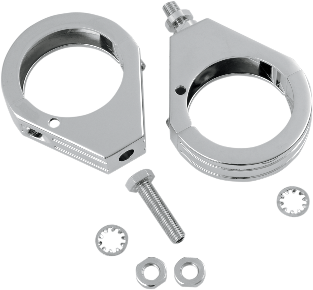 Chrome turn signal clamp for 49mm front fork tubes by DRAG SPECIALTIES, designed to secure motorcycle turn signals.
