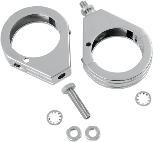 Chrome turn signal clamp for 49mm front fork tubes by DRAG SPECIALTIES, designed to secure motorcycle turn signals.