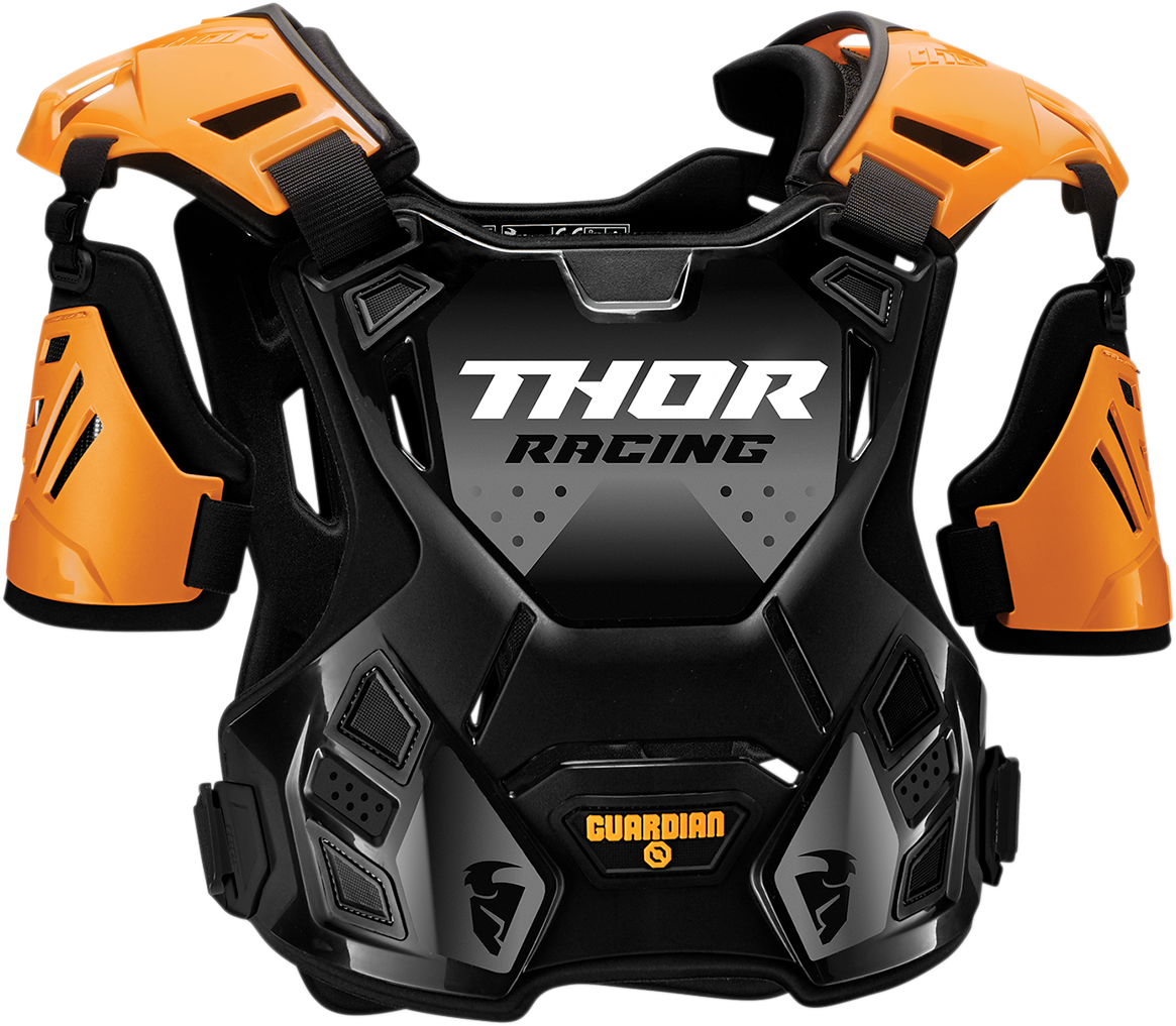 THOR Youth Guardian Roost Deflector in orange and black, small/medium size, with padded shoulder straps and protective chest plate.