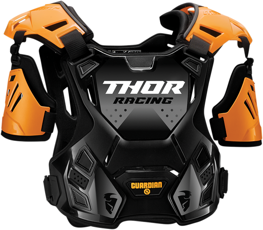 THOR Youth Guardian Roost Deflector in orange and black, small/medium size, with padded shoulder straps and protective chest plate.