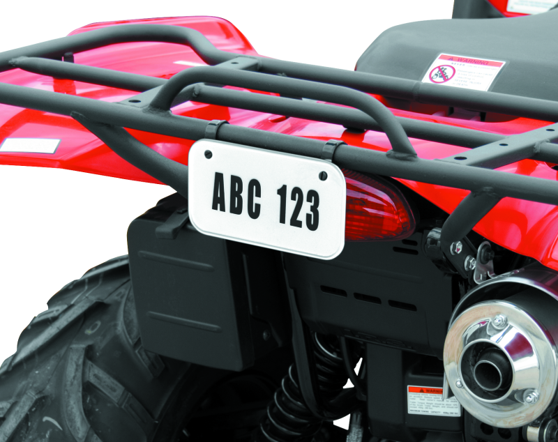 QuadBoss ATV license plate kit in white with numbers, letters, and mounting clamps for durable vehicle identification.