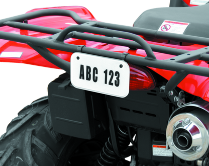 QuadBoss ATV license plate kit in white with numbers, letters, and mounting clamps for durable vehicle identification.