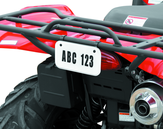 QuadBoss ATV license plate kit in white with numbers, letters, and mounting clamps for durable vehicle identification.
