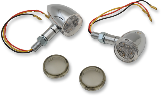 Drag Specialties LED marker lights in chrome and amber with smoke lens, designed for motorcycle or vehicle lighting.