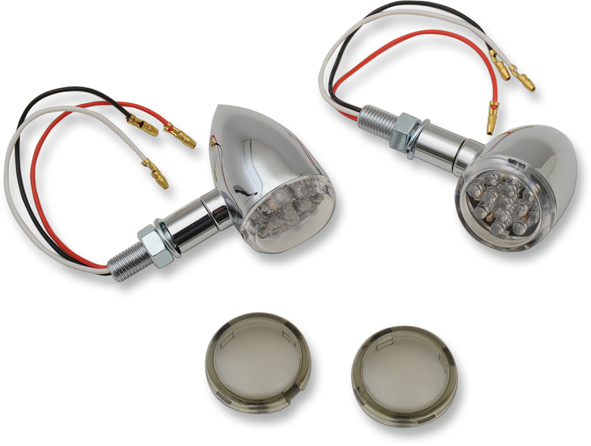 Drag Specialties LED marker lights with smoke lens, chrome finish and red accents, designed for motorcycle lighting.