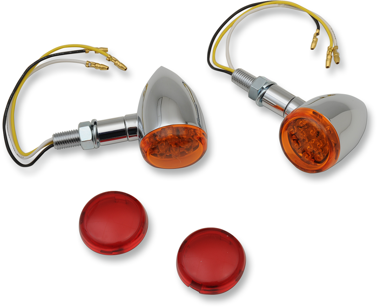 DRAG SPECIALTIES LED marker lights in chrome with amber or red lenses, designed for motorcycle or vehicle lighting.