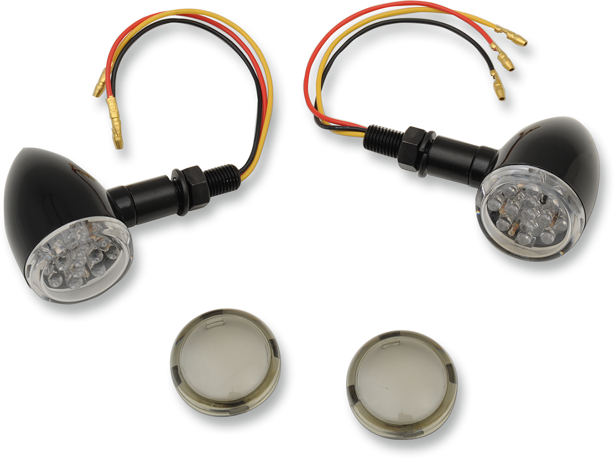 Black and amber smoke lens LED marker lights by DRAG SPECIALTIES, designed for motorcycles, with sleek black housing and amber illumination.