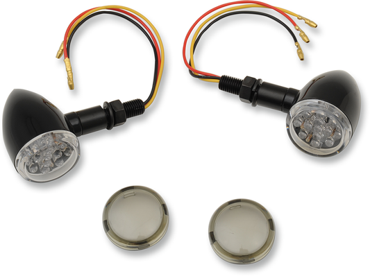Black and amber smoke lens LED marker lights by DRAG SPECIALTIES, designed for motorcycles, with sleek black housing and amber illumination.