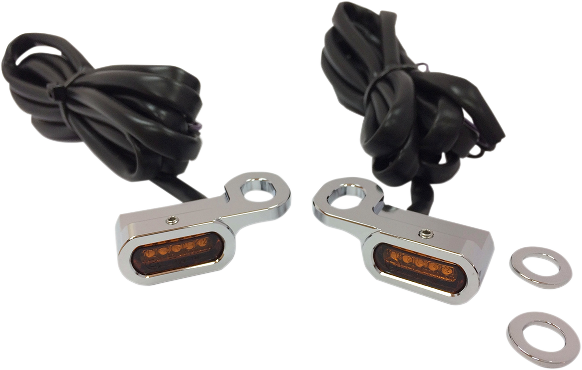 Chrome LED handlebar marker lights with hydraulic clutch and amber lenses for motorcycles by Drag Specialties.