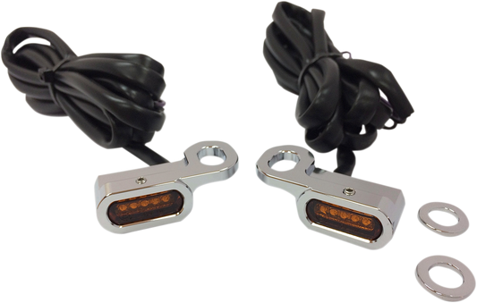 Chrome LED handlebar marker lights with hydraulic clutch and amber lenses for motorcycles by Drag Specialties.