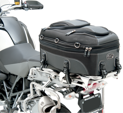 Bill's Exhausts SADDLEMEN Pillion and Rear Rack Luggage Bag on motorcycle seat, durable black leather with straps and buckles.