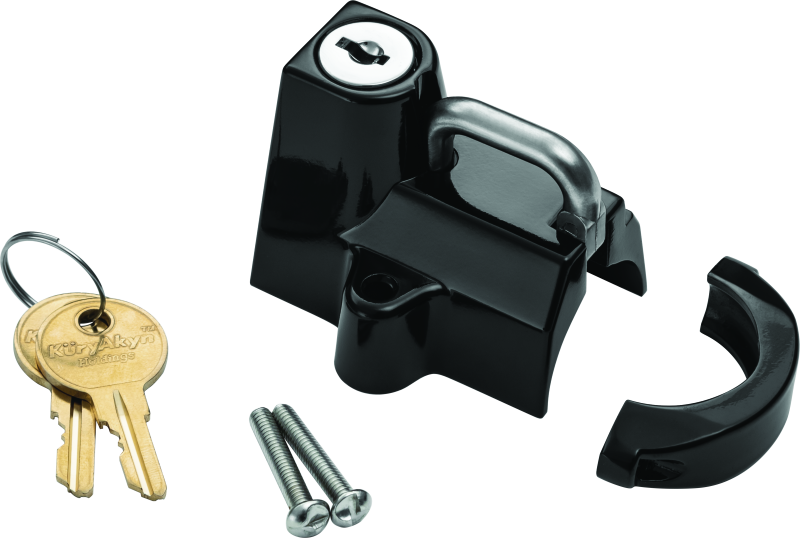 Kuryakyn universal helmet lock in black attached to motorcycle handlebar and frame tubes, fits 7/8 to 1 1/2 inch handlebars.