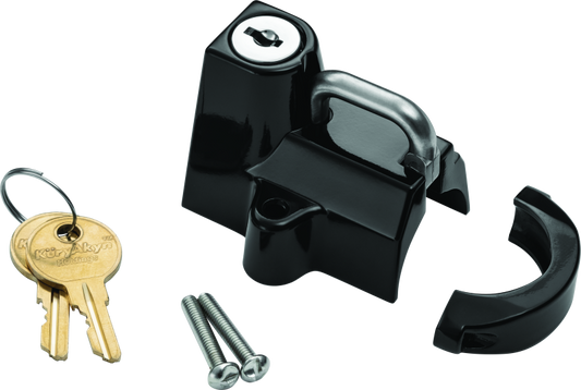 Kuryakyn universal helmet lock in black attached to motorcycle handlebar and frame tubes, fits 7/8 to 1 1/2 inch handlebars.
