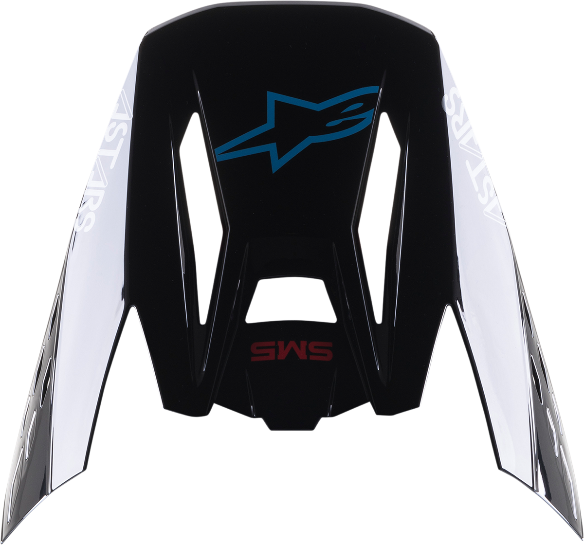 Alpinestars SM5 helmet visor in black, red, and cyan with Bond design, showcasing a clear, curved motorcycle helmet part.