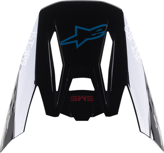 Alpinestars SM5 helmet visor in black, red, and cyan with Bond design, showcasing a clear, curved motorcycle helmet part.