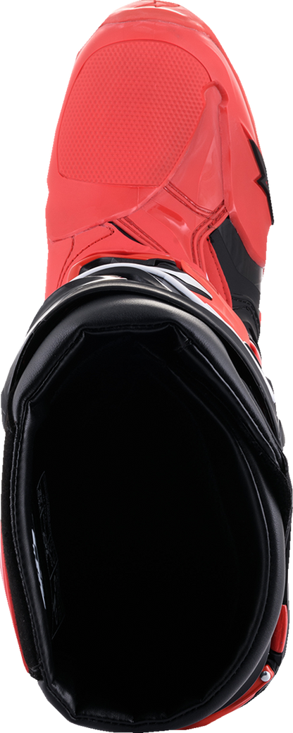 Alpinestars Tech 10 Acumen motorcycle boots in black and red with US 12 size, featuring protective design and sporty style.