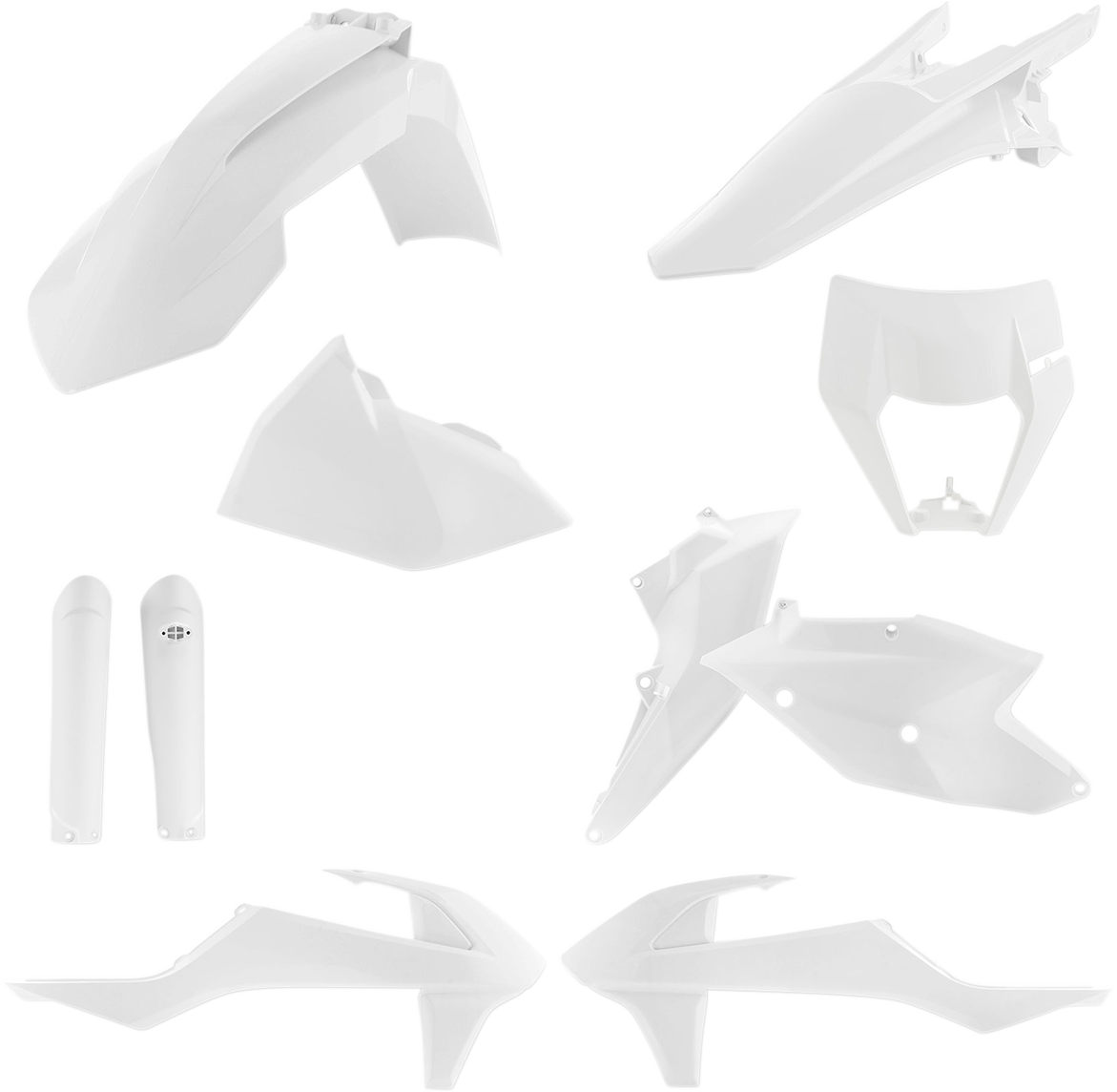 A white ACERBIS full replacement body kit for motorcycle, featuring sleek body panels and aerodynamic design.