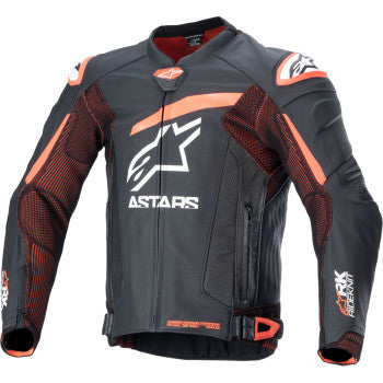 Alpinestars GP Plus R v4 Rideknit leather motorcycle jacket in black, red fluo, and white, shown in a front view.