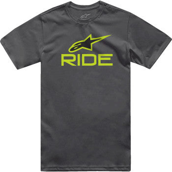 Alpinestars Ride 4.0 T-Shirt in charcoal, lime, black, medium, featuring sporty graphic design and breathable cotton fabric.