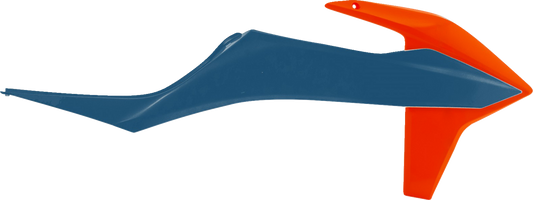 Acerbis radiator shrouds in orange and factory blue, designed for motocross or dirt bike body protection and styling.