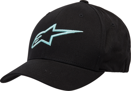 Alpinestars Ageless Curve Hat in black and light aqua, small/medium size, stylish motorcycle-inspired cap with curved brim