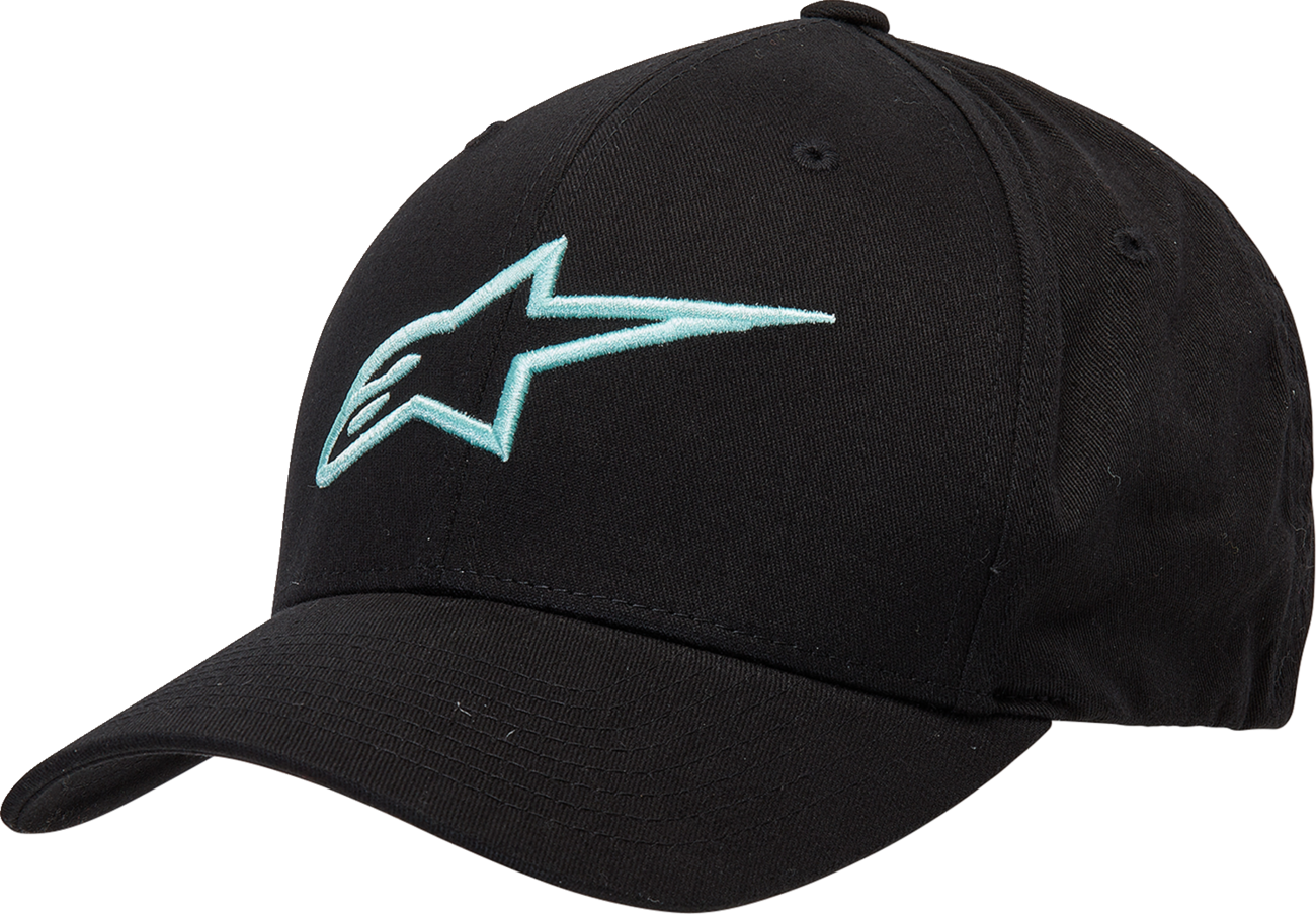 Black and light aqua Alpinstars Ageless Curve Hat in L/XL size, featuring a curved bill and stylish design.
