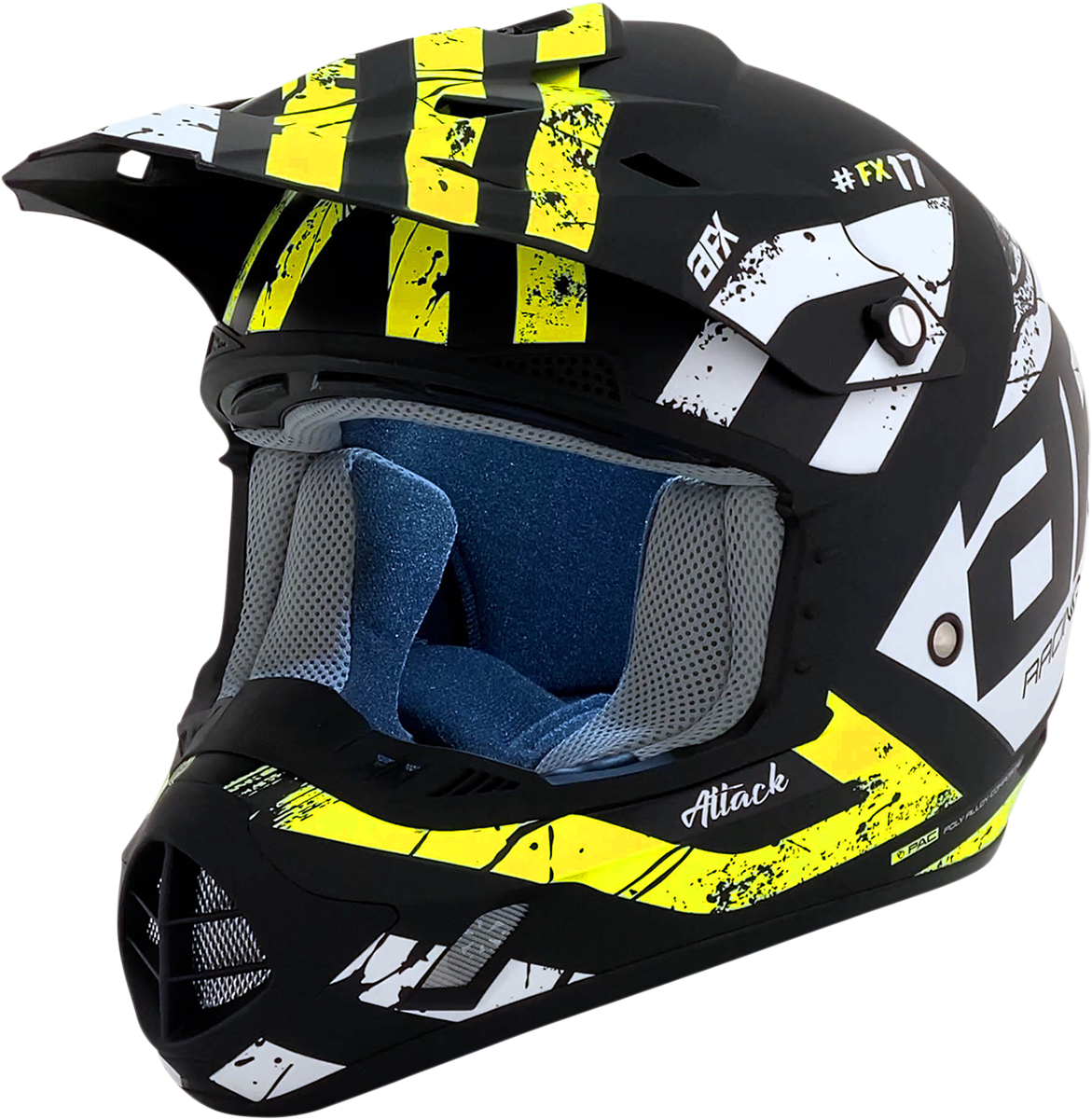 Matte black and hi-vis yellow AFX FX-17 Attack helmet with medium size, featuring aerodynamic design and ventilation for motorcycle riding.
