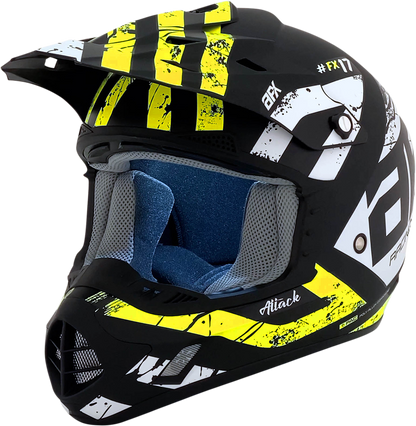 Matte black and hi-vis yellow AFX FX-17 Attack helmet with medium size, featuring aerodynamic design and ventilation for motorcycle riding.