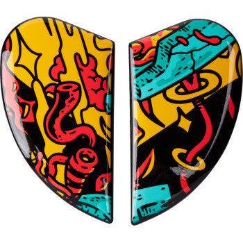 Blue ICON Airform™ Side Plates for Munchies helmet, helmet parts by Bill's Exhausts, shown attached to the helmet.