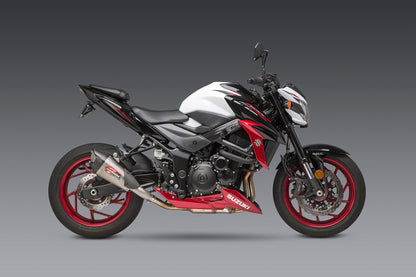 YOSHIMURA Street AT2 slip-on exhaust with carbon fiber end cap and works finish for motorcycles.