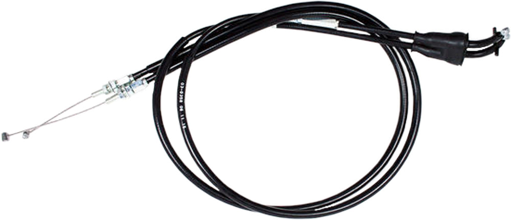 Black vinyl throttle push-pull cable set for motorcycles by MOTION PRO, includes two cables with metal fittings and protective sheathing.
