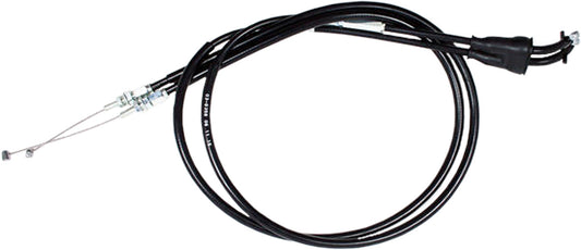 Black vinyl throttle push-pull cable set for motorcycles by MOTION PRO, includes two cables with metal fittings and protective sheathing.