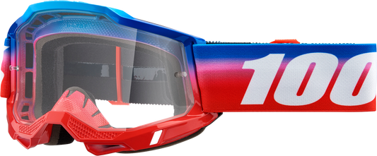 Clear 100% Accuri 2 goggles by Bill's Exhausts with a sleek frame and transparent lens, designed for safety and visibility.