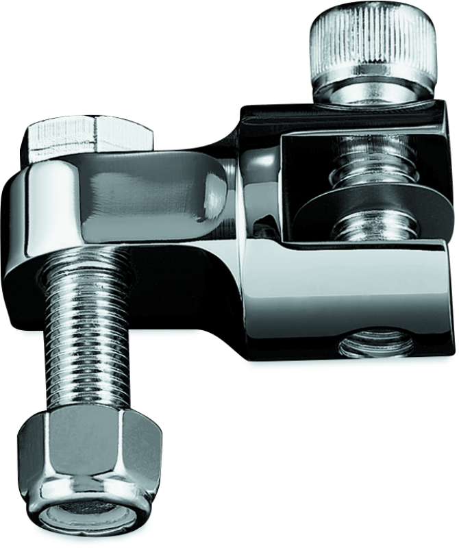 Chrome Kuryakyn 1-1/4 inch stirrup heel rest extenders for Harley-Davidson motorcycles, shown installed on foot pegs.