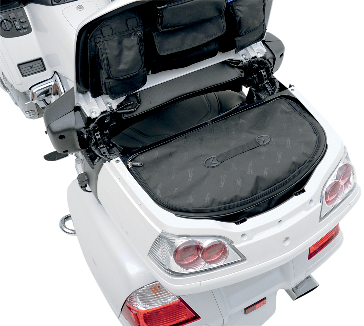 SADDLEMEN Trunk Soft Liner Bag for motorcycle seats, shown in black fabric with padded exterior and zipper closure.