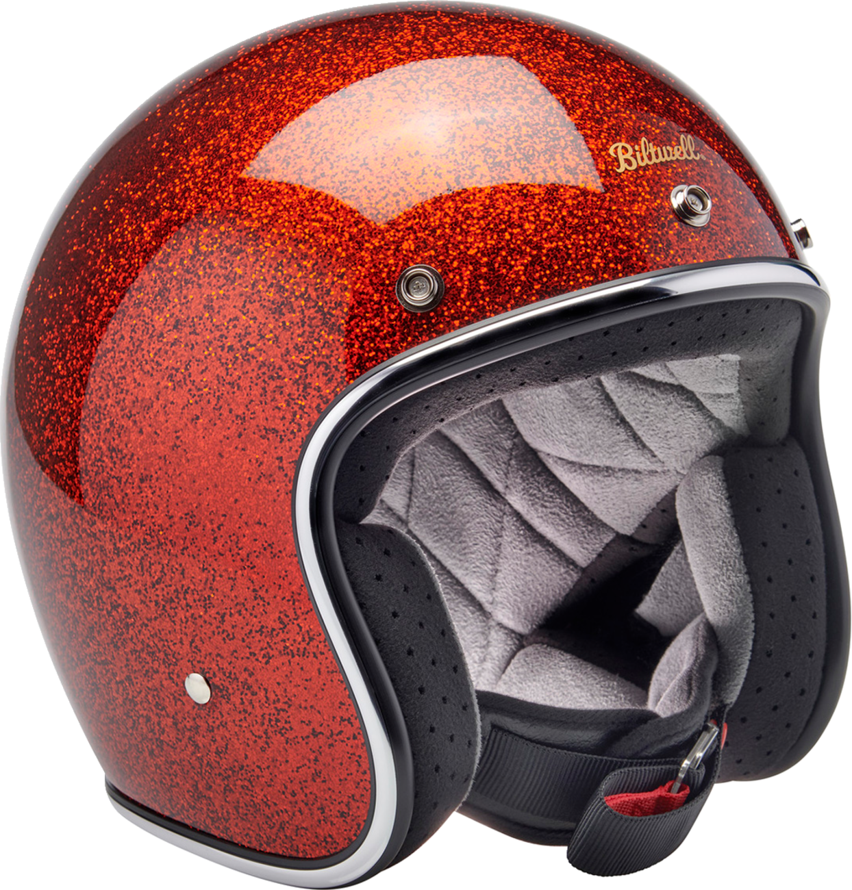 BILTwell Bonanza helmet in Rootbeer Megaflake finish, medium size, with detailed glossy helmet design and safety features.