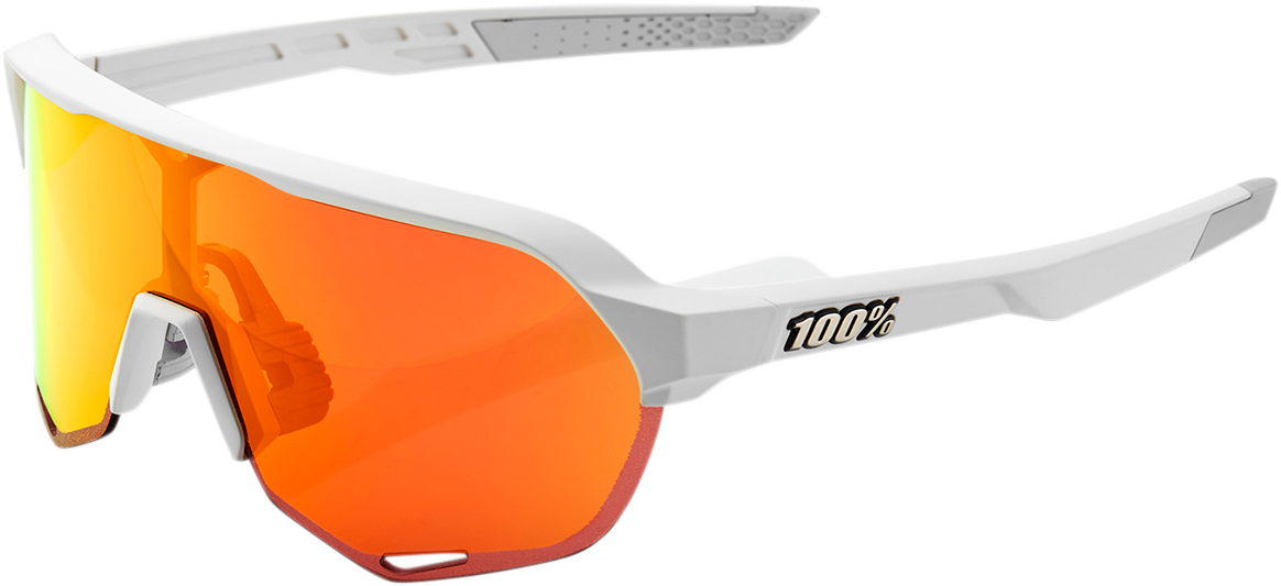 Bill's Exhausts 100% S2 sunglasses in white with red mirror lenses, showcasing stylish sporty sunglasses design.