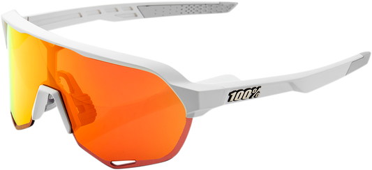 Bill's Exhausts 100% S2 sunglasses in white with red mirror lenses, showcasing stylish sporty sunglasses design.