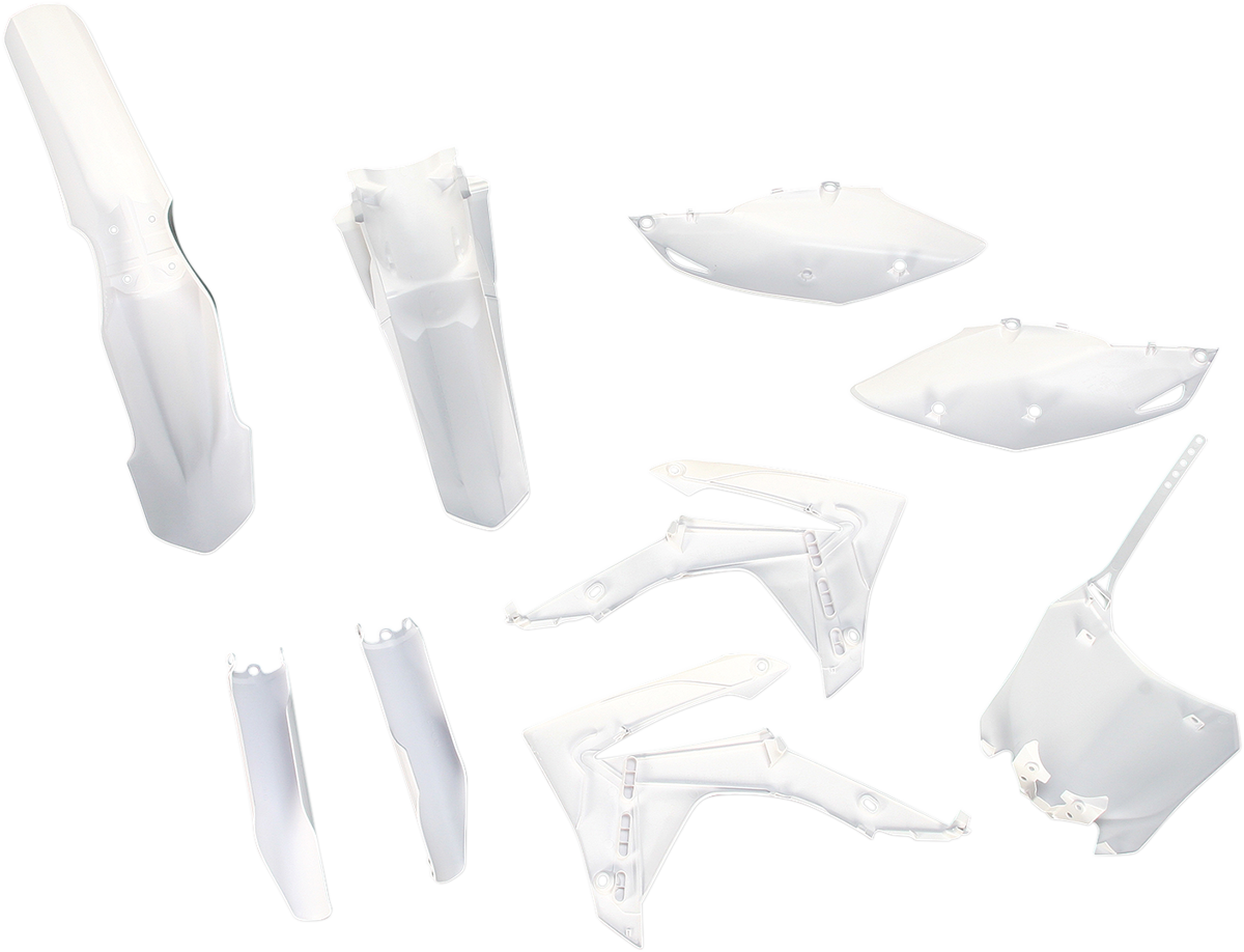 A white ACERBIS full replacement body kit for motorcycles, showcasing the sleek, aerodynamic design of the body panels.