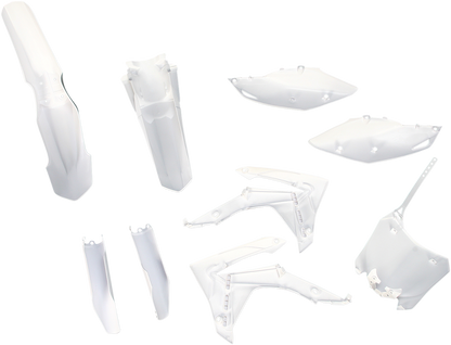 A white ACERBIS full replacement body kit for motorcycles, showcasing the sleek, aerodynamic design of the body panels.