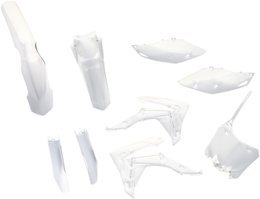 A white ACERBIS full replacement body kit for motorcycles, showcasing the sleek, aerodynamic design of the body panels.