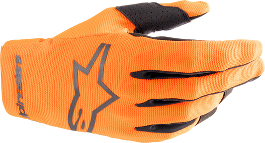 Alpinestars Youth Radar Gloves in hot orange and black, small size, with protective knuckles and adjustable wrist strap.