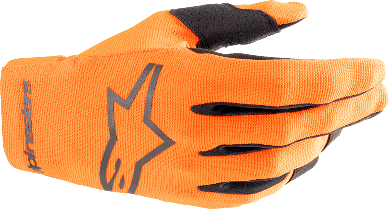 Alpinestars Youth Radar Gloves in hot orange and black, XS size, showing padded palms and adjustable wrist closures.