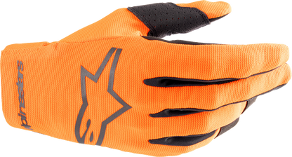 Alpinestars Youth Radar Gloves in hot orange and black, XS size, showing padded palms and adjustable wrist closures.