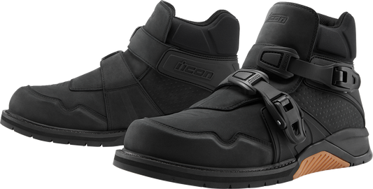 Black ICON Slabtown waterproof boots by Bill's Exhausts in size 11, shown with rugged waterproof leather and sturdy sole.