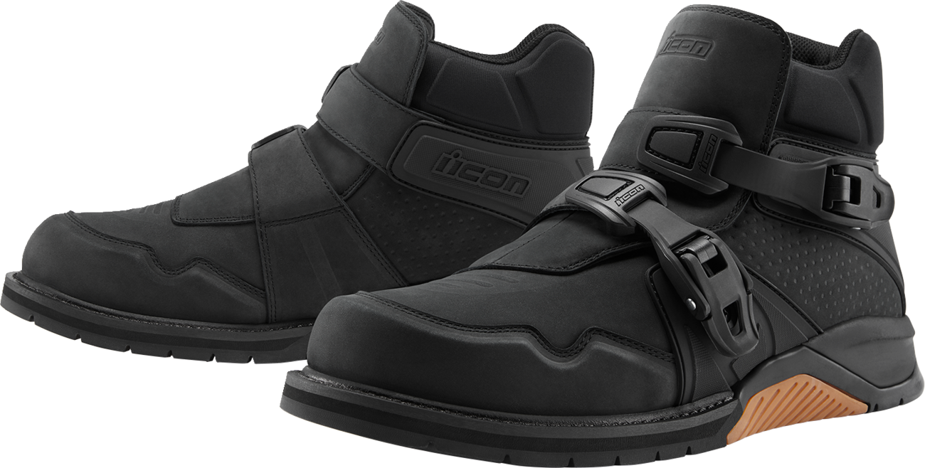 Black ICON Slabtown waterproof boots by Bill's Exhausts, size 7, showing sturdy leather exterior and rugged sole detail.