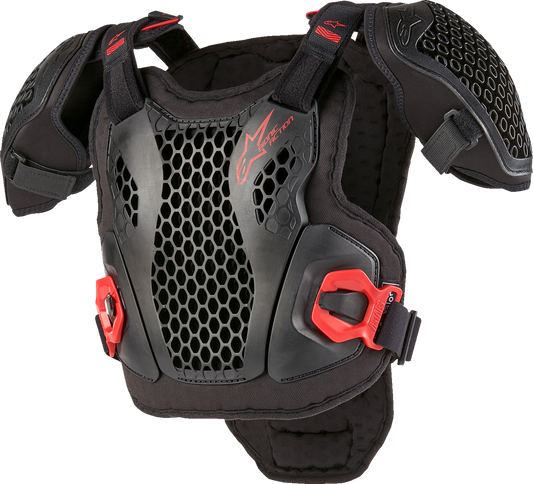 Alpinestars Youth Bionic Action Guard in black and red, L/XL size, designed for motorcycle protection, shown in a close-up view.