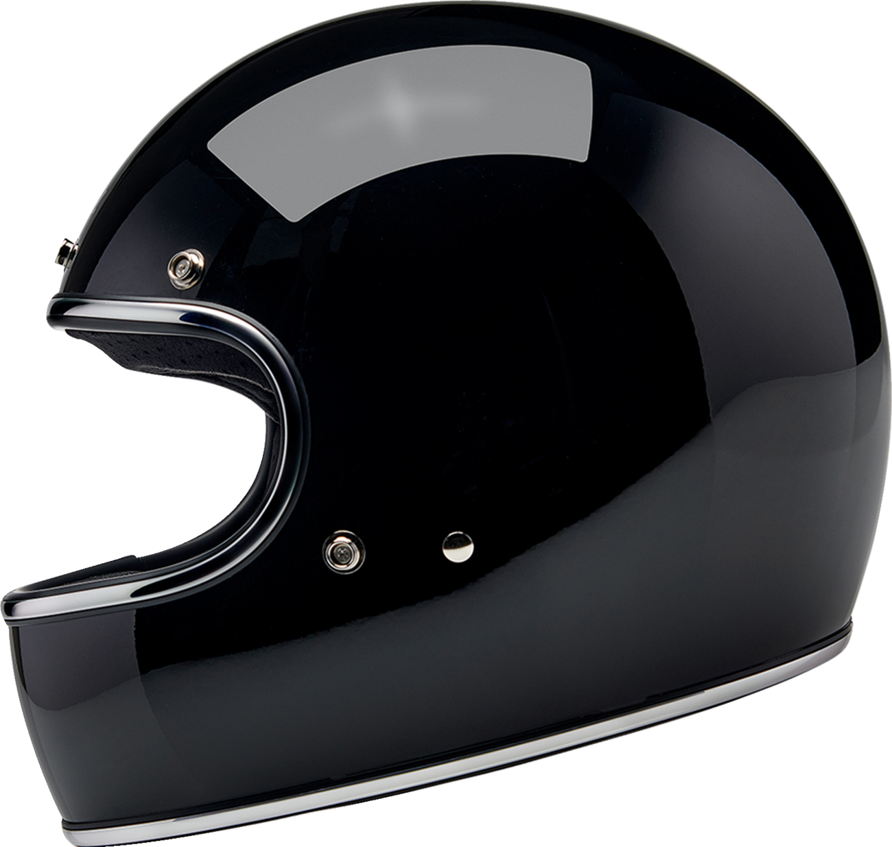 BILTWELL Gringo helmet in glossy black, 2XL size, showcasing its smooth, aerodynamic helmet design with secure strap.