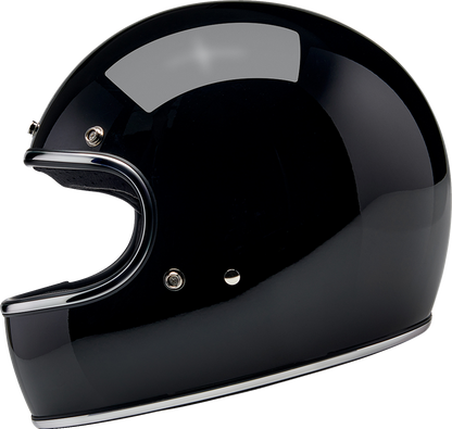 BILTWELL Gringo helmet in glossy black, 2XL size, showcasing its smooth, aerodynamic helmet design with secure strap.