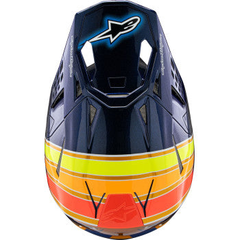 Alpinestars Supertech M10 TLD Edition helmet with MIPS, glossy dark blue, orange, yellow, and fluorescent red, XS size.